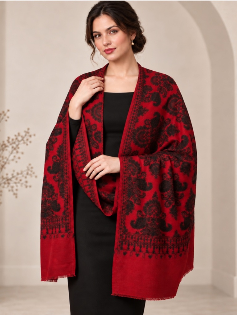 NEW Pashmina Blend Oversized Shawl Wrap, Black/Red, 40"x80" - Picture 5 of 9